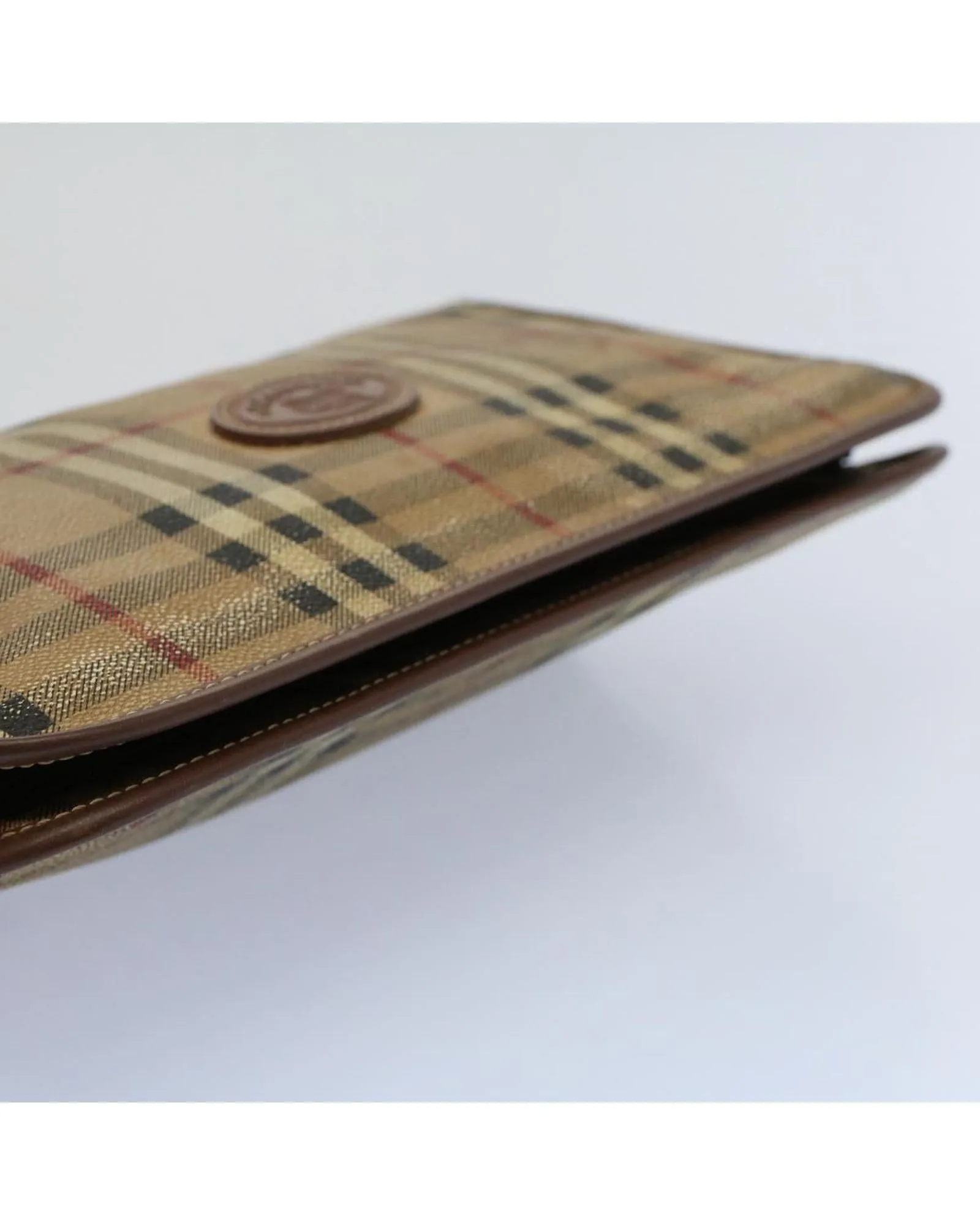 Beige PVC Leather Clutch Bag with Nova Check Pattern