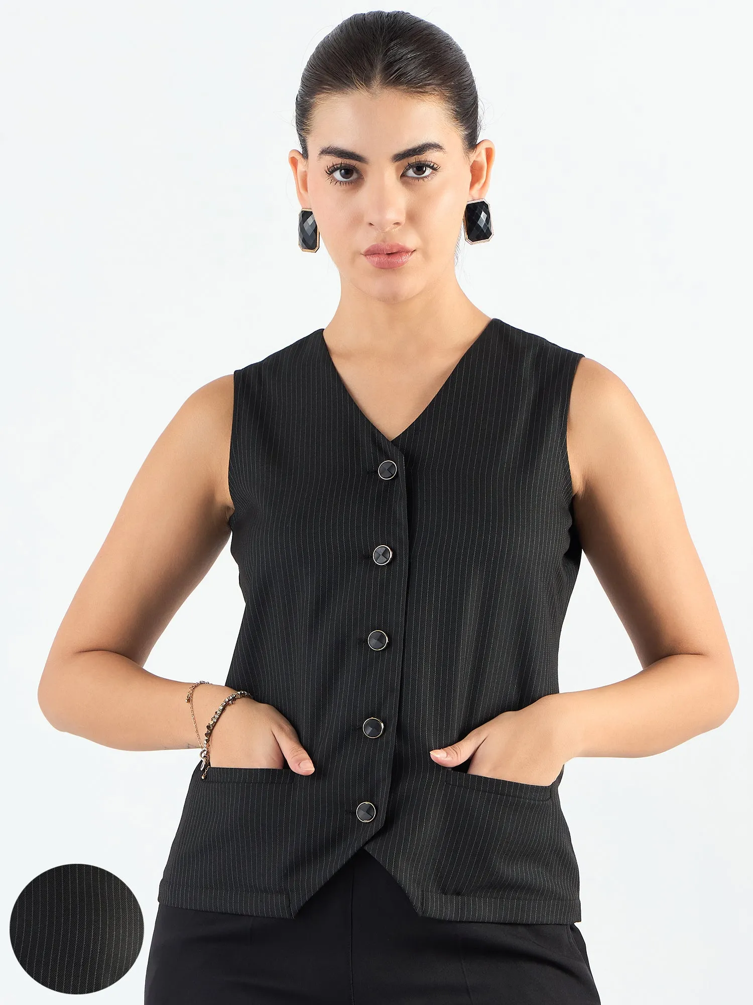 Black & White V-Neck Striped Sleeveless Vest Coat