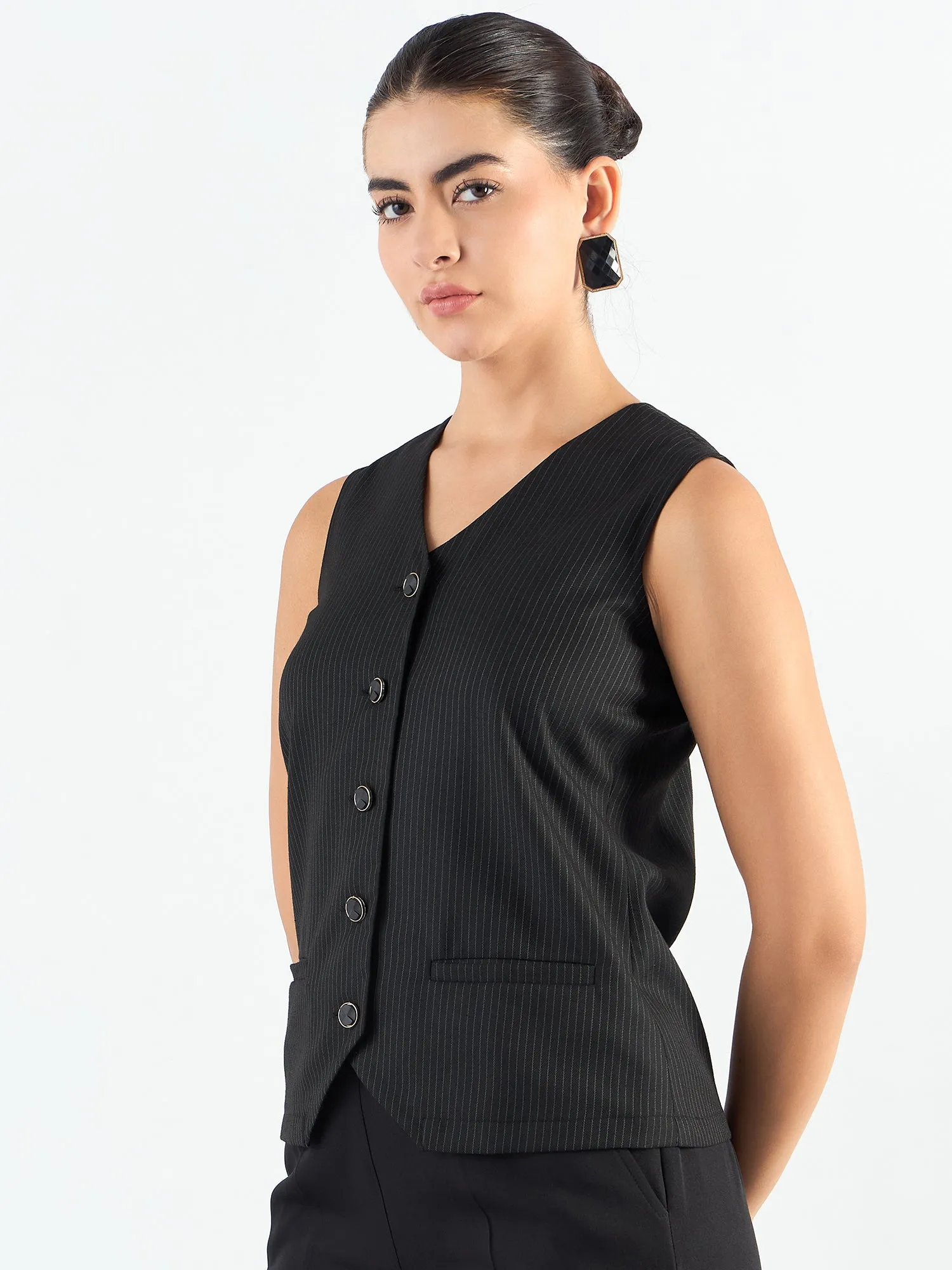 Black & White V-Neck Striped Sleeveless Vest Coat