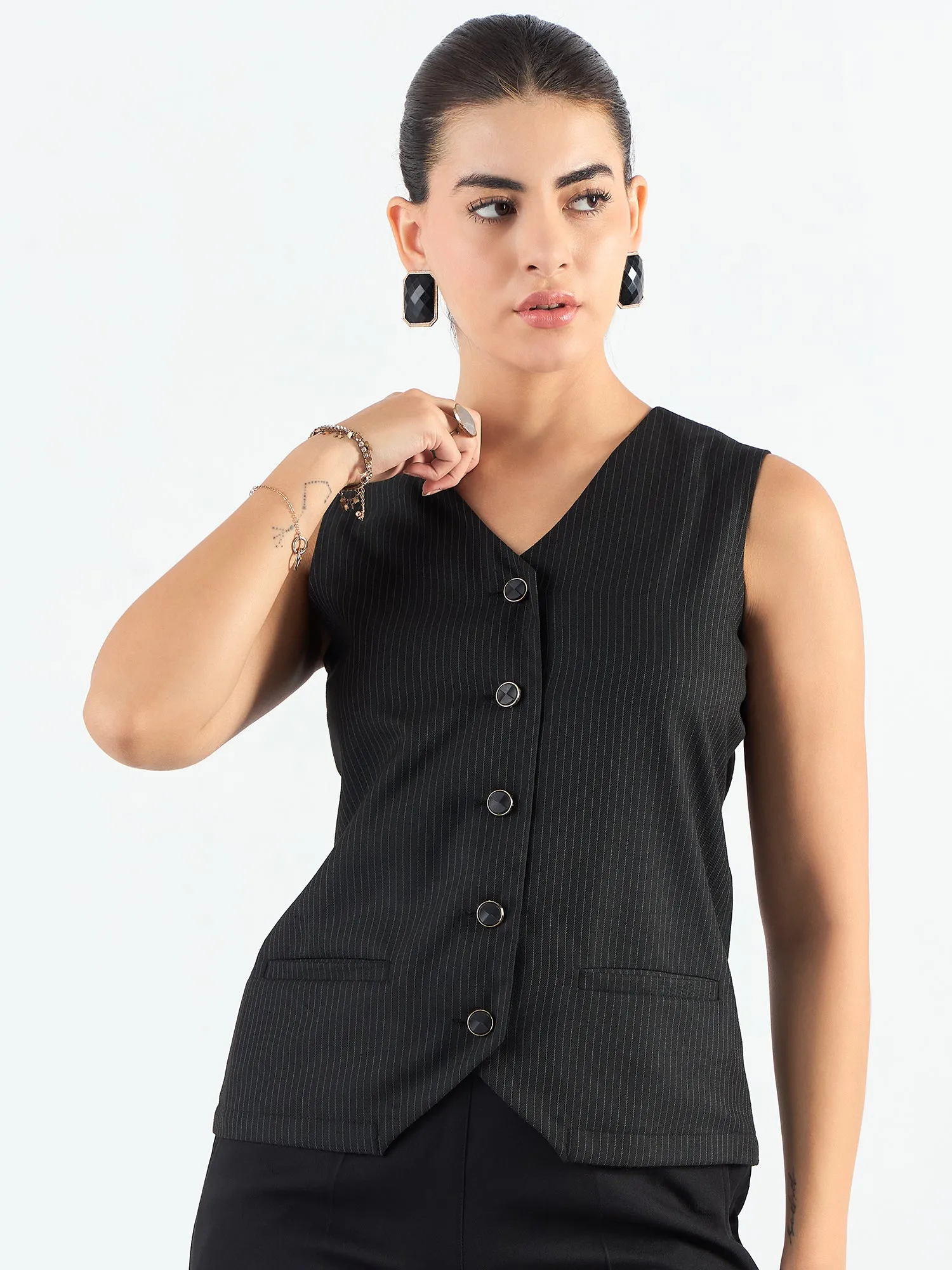 Black & White V-Neck Striped Sleeveless Vest Coat