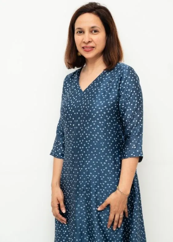 Blue Bandhini V Neck Silk Dress