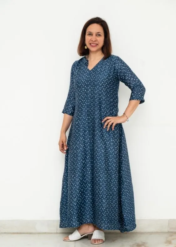 Blue Bandhini V Neck Silk Dress