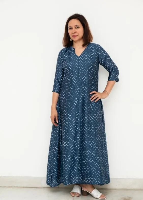 Blue Bandhini V Neck Silk Dress