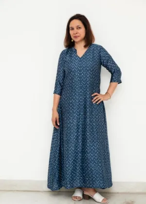 Blue Bandhini V Neck Silk Dress