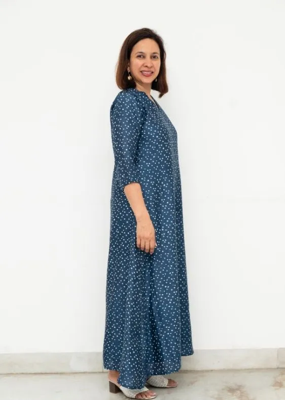 Blue Bandhini V Neck Silk Dress