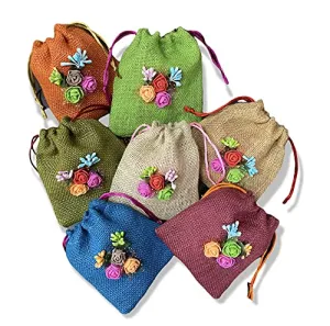 Colored Jute Potli With Multicolour Flower Jute Linen Potlis | Gift Bags for Return Gifts Bags| Jute Linen,Burlap