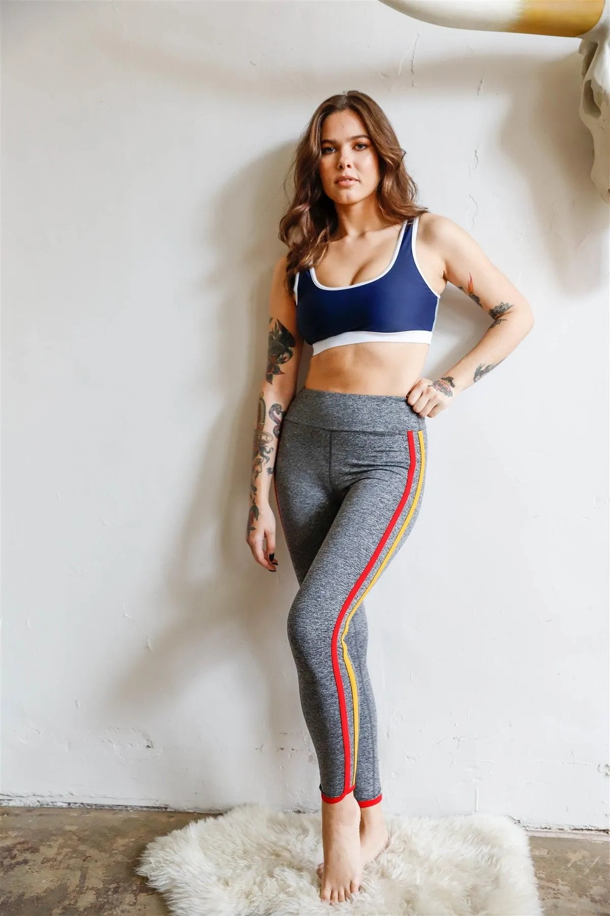Heather Grey Striped Sports Yoga Legging /3-1-1