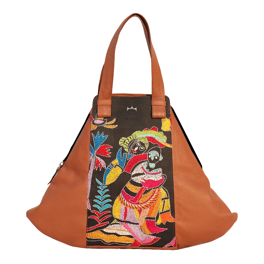 Leather Embroidery Patachitra Tote Handbag - Brown