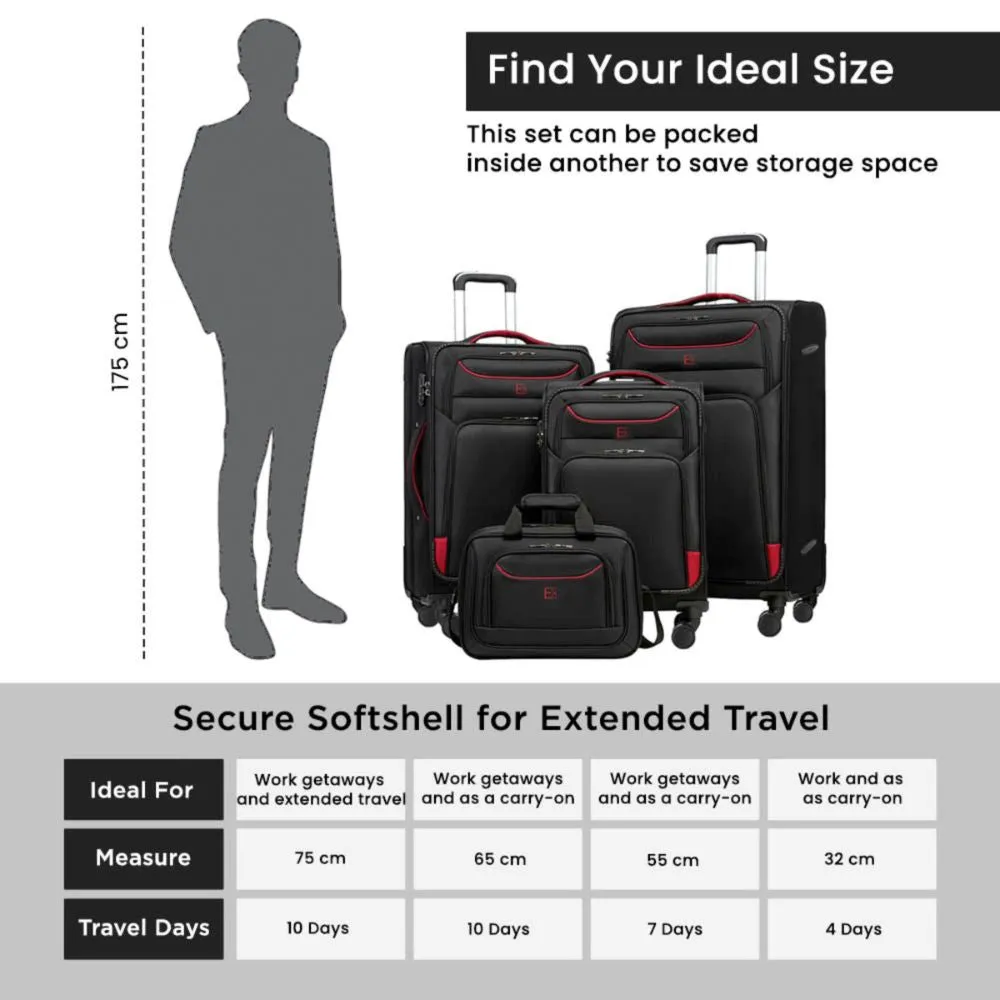 Monaco Soft Luggage Set of 4 Pieces - Black