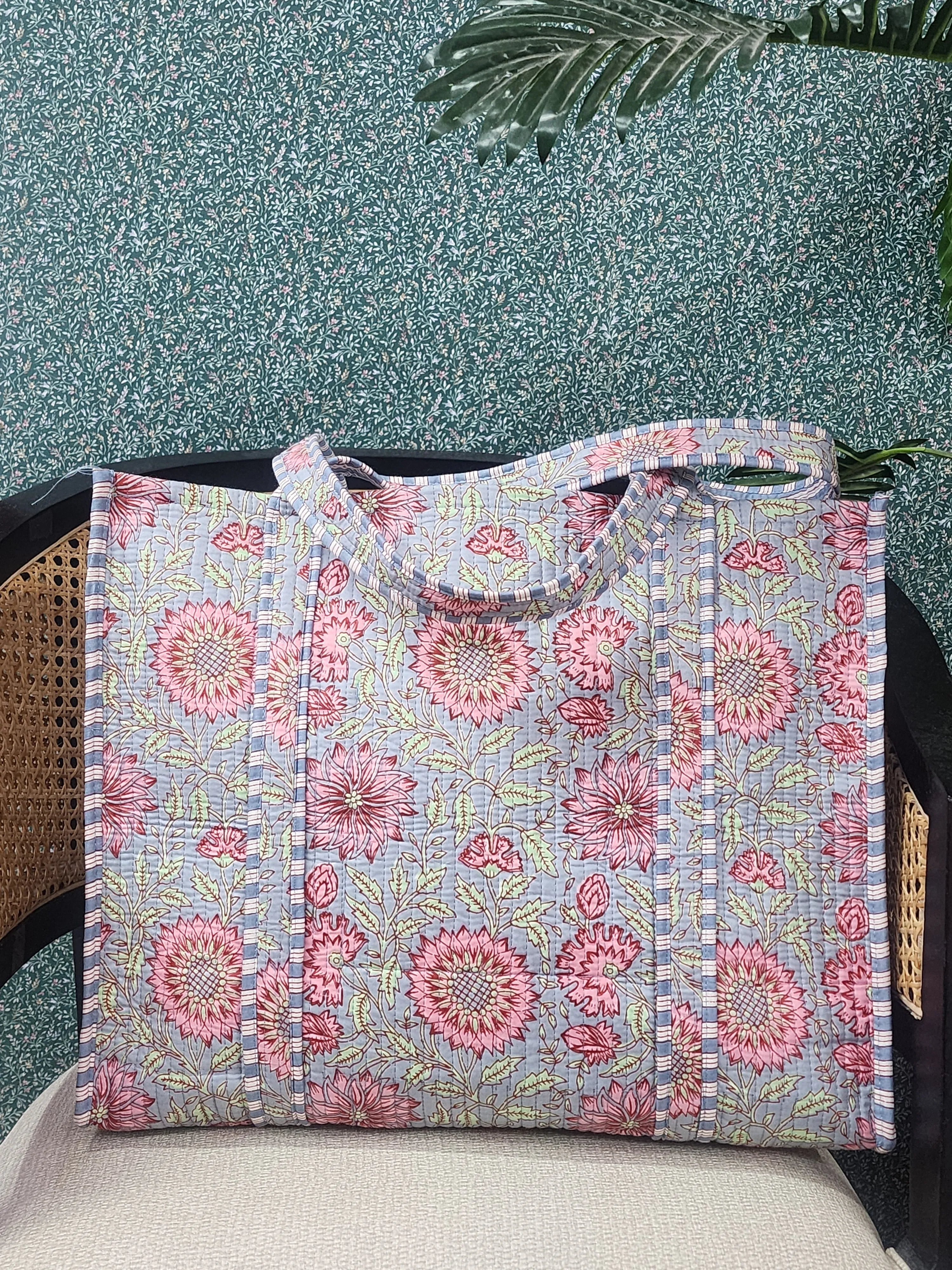 Multicolor Jute Handblock Printed Tote Bag Without Zip