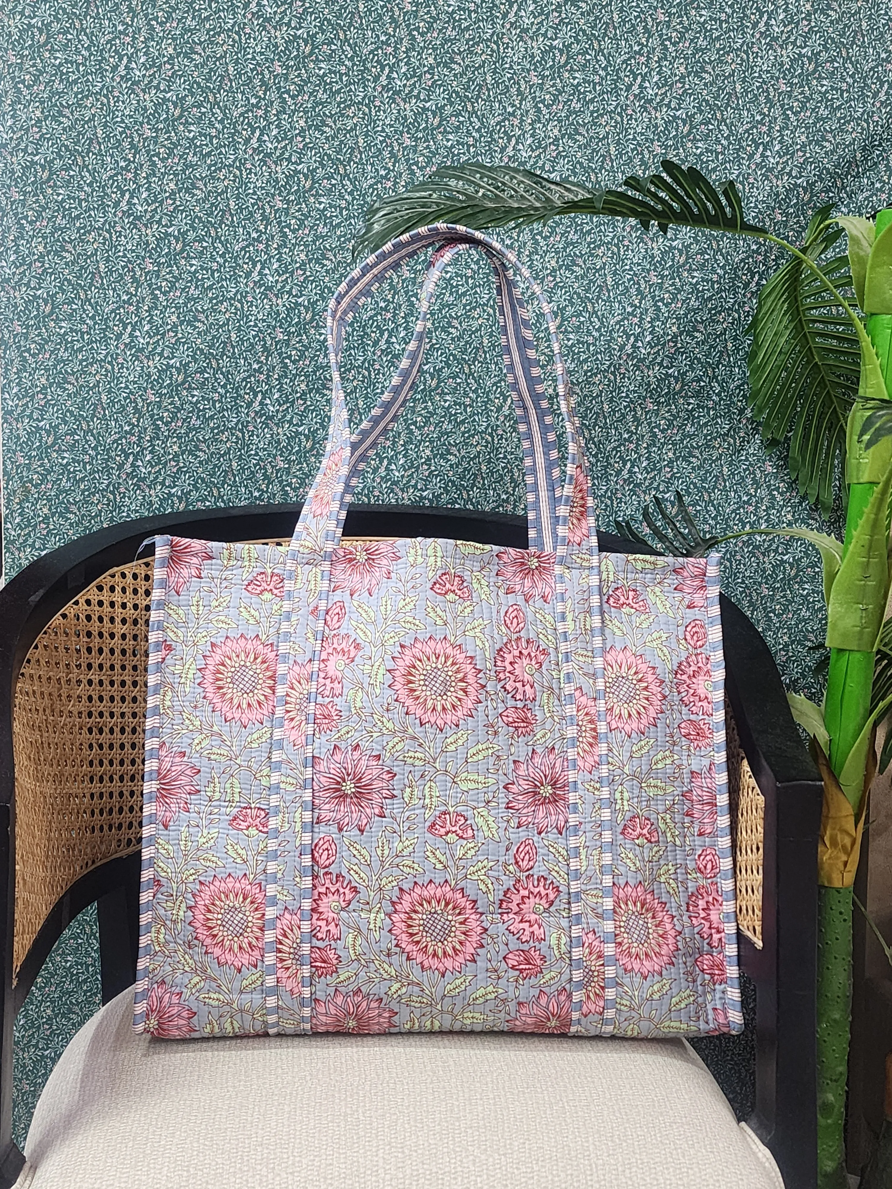 Multicolor Jute Handblock Printed Tote Bag Without Zip
