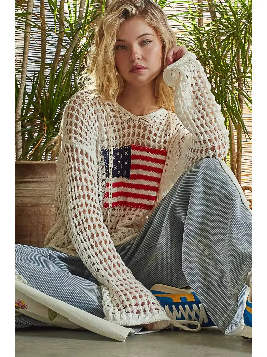 POL American Flag Hoodie Thin Sweater Top