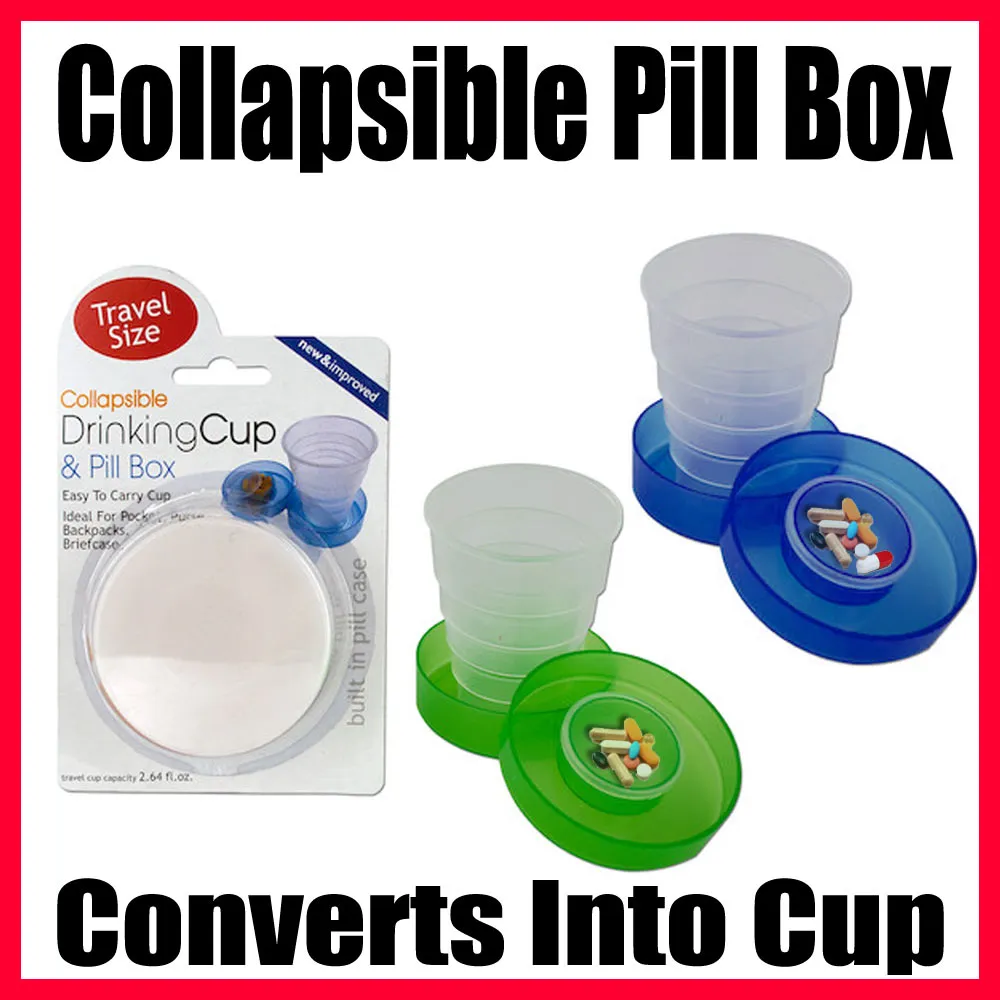 Travel Drinking Cup & Pill Box Medicine Collapsible Plastic Case Holder New Gift